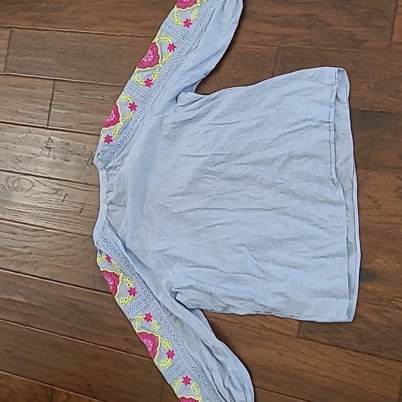 Talbots Chambray Blouse with Bright Pink & Yellow Embroidered Sleeves size Large - Picture 2 of 8